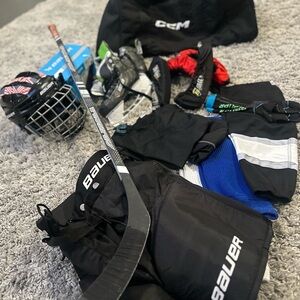 Youth Hockey Gear Bundle - Bauer Helmet, Skates, Stick, Pads & CCM Bag